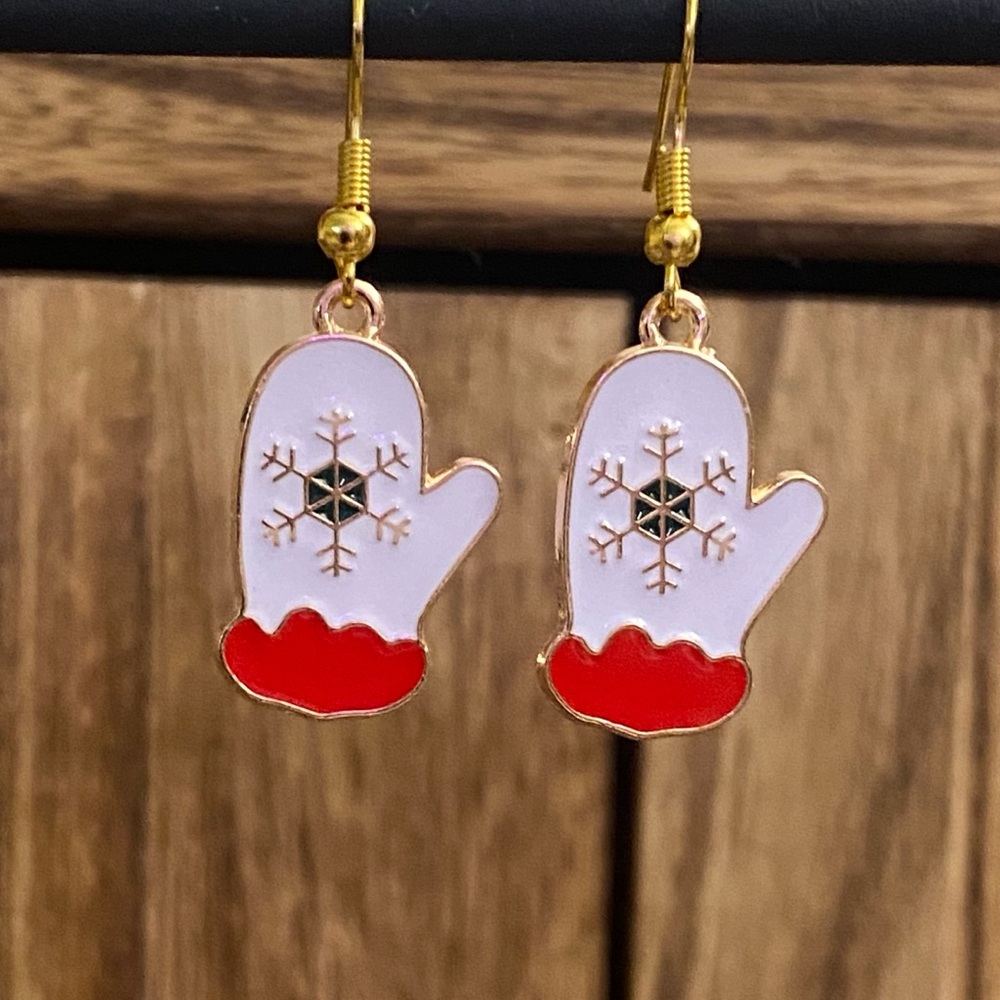 Hand Crafted Red and White Mitten Earrings